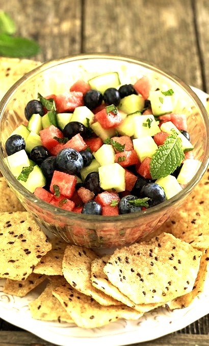 Minted Watermelon, Cucumber, and Blueberry Salad