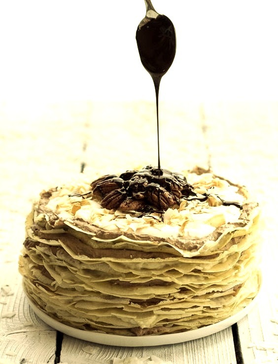 Toasted Coconut Cream Rum and Chocolate Mousse Crepe Cake (recipe)