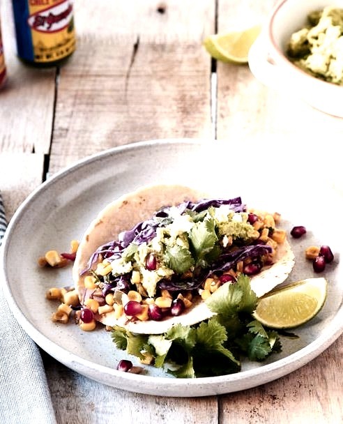 Chipotle Black Bean Tacos with Red Cabbage Slaw, Grilled Corn Salsa and Edamame Guacamole